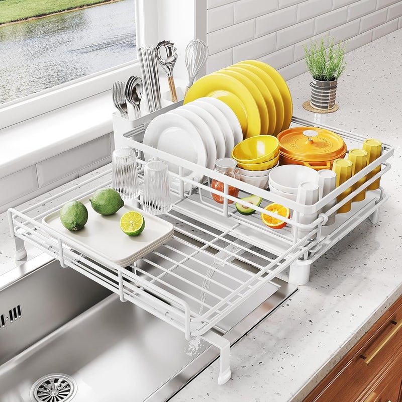 SNTD Dish Drying Rack - Extendable Dish Rack, Large Sink Drying Dish Drainer for Kitchen Counter, Stainless Steel Dish Strainer with Utensil Holder (White) - Image 1